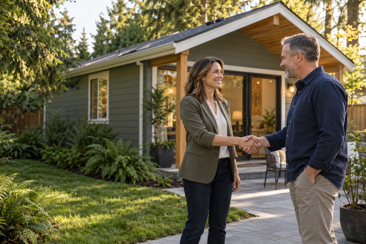 Two professionals shaking hands beside a backyard ADU.